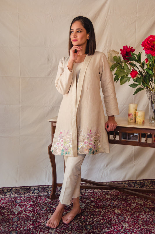 Beige Kurta Set with Embroidered Overlay in Lavender Floral pattern
