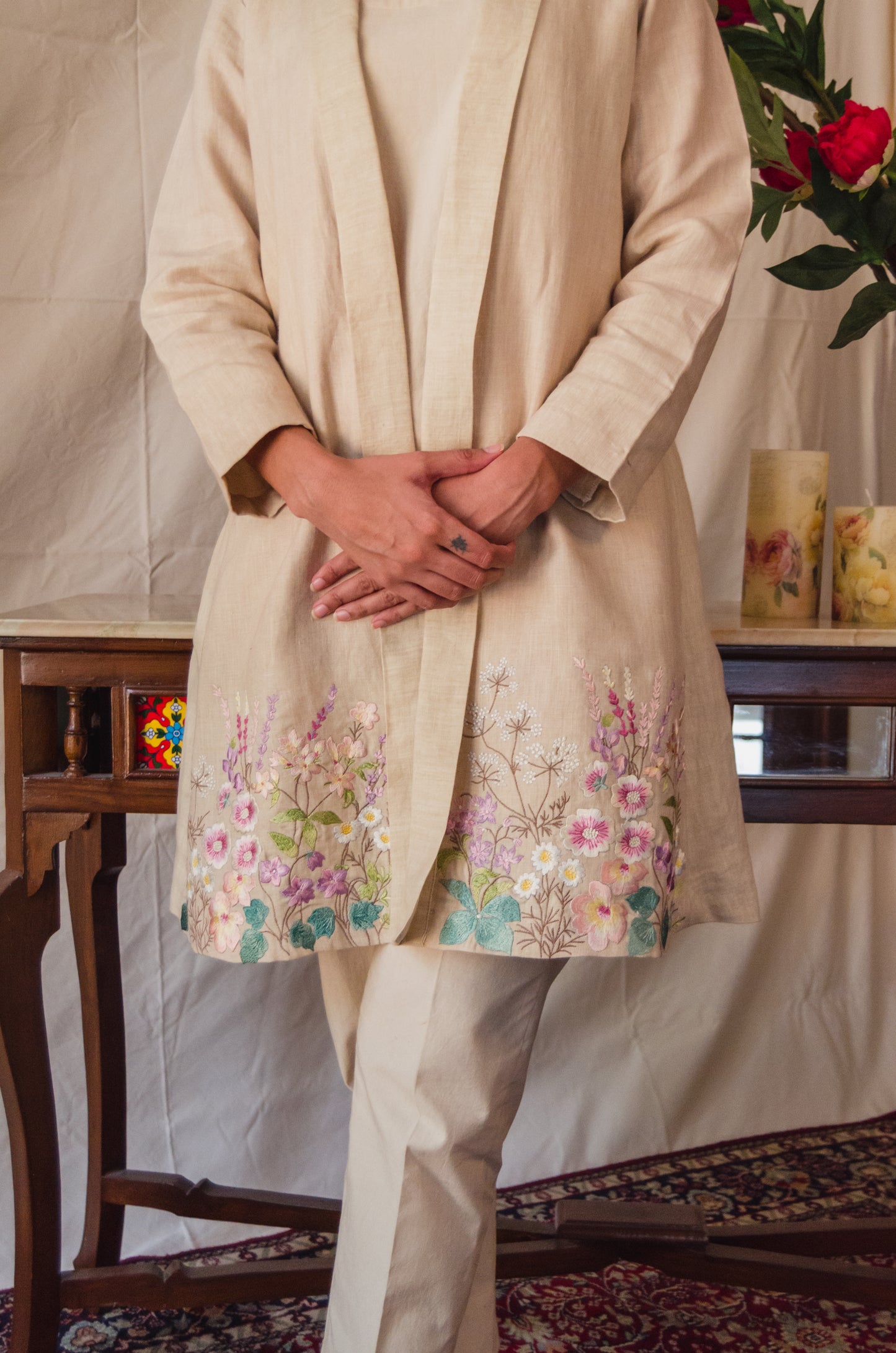 Beige Kurta Set with Embroidered Overlay in Lavender Floral pattern