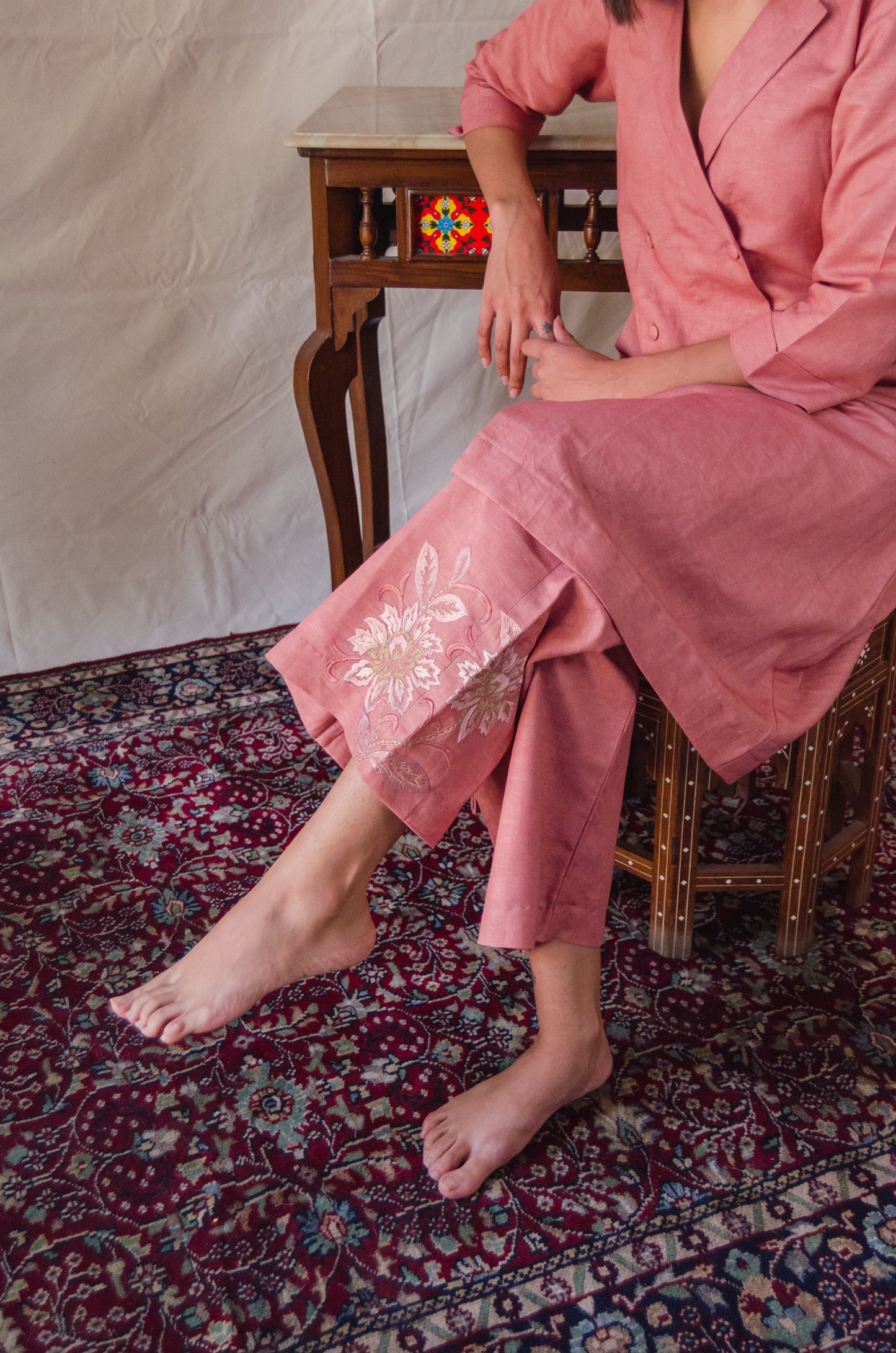 Onion Pink Double-Breasted Kurta Set with Embroidered Pants