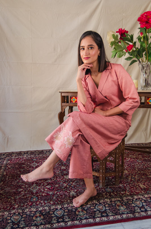 Onion Pink Double-Breasted Kurta Set with Embroidered Pants