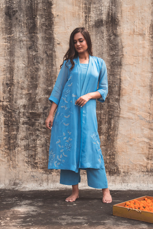 Crepe Kurta Set with Organza Overlay in Cobalt