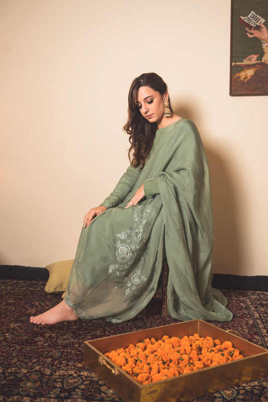 Crepe Kurta Set with Embroidered Dupatta in Dark Sea Green