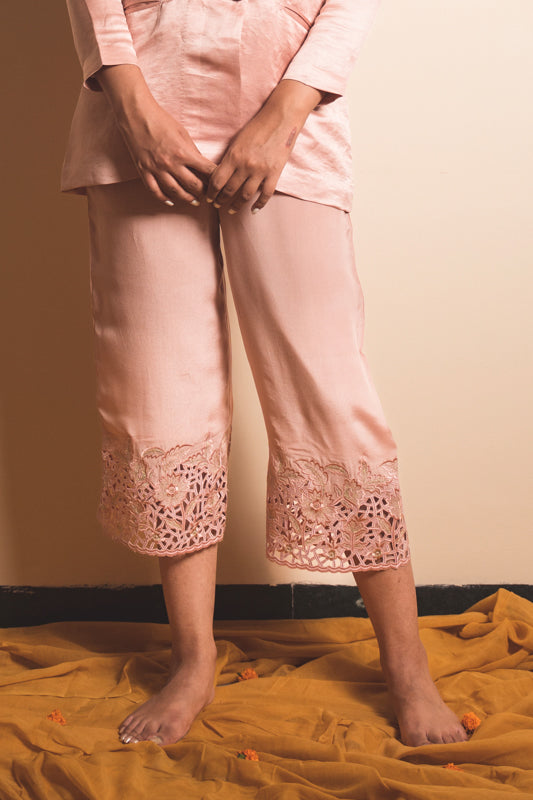 Crepe Embroidered Culottes in Powder Pink
