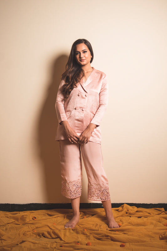 Powder Pink Co-ord Set with Embroidered Culottes