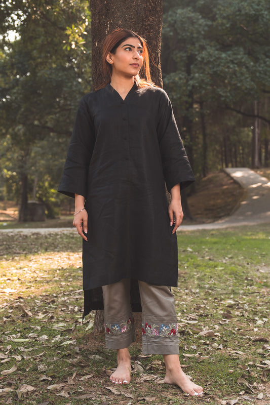 Black Kurta with Embroidered Pants in Stone Grey