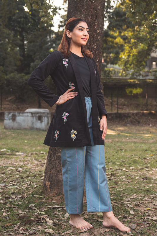 Black Embroidered Corduroy Jacket with Linen Pants