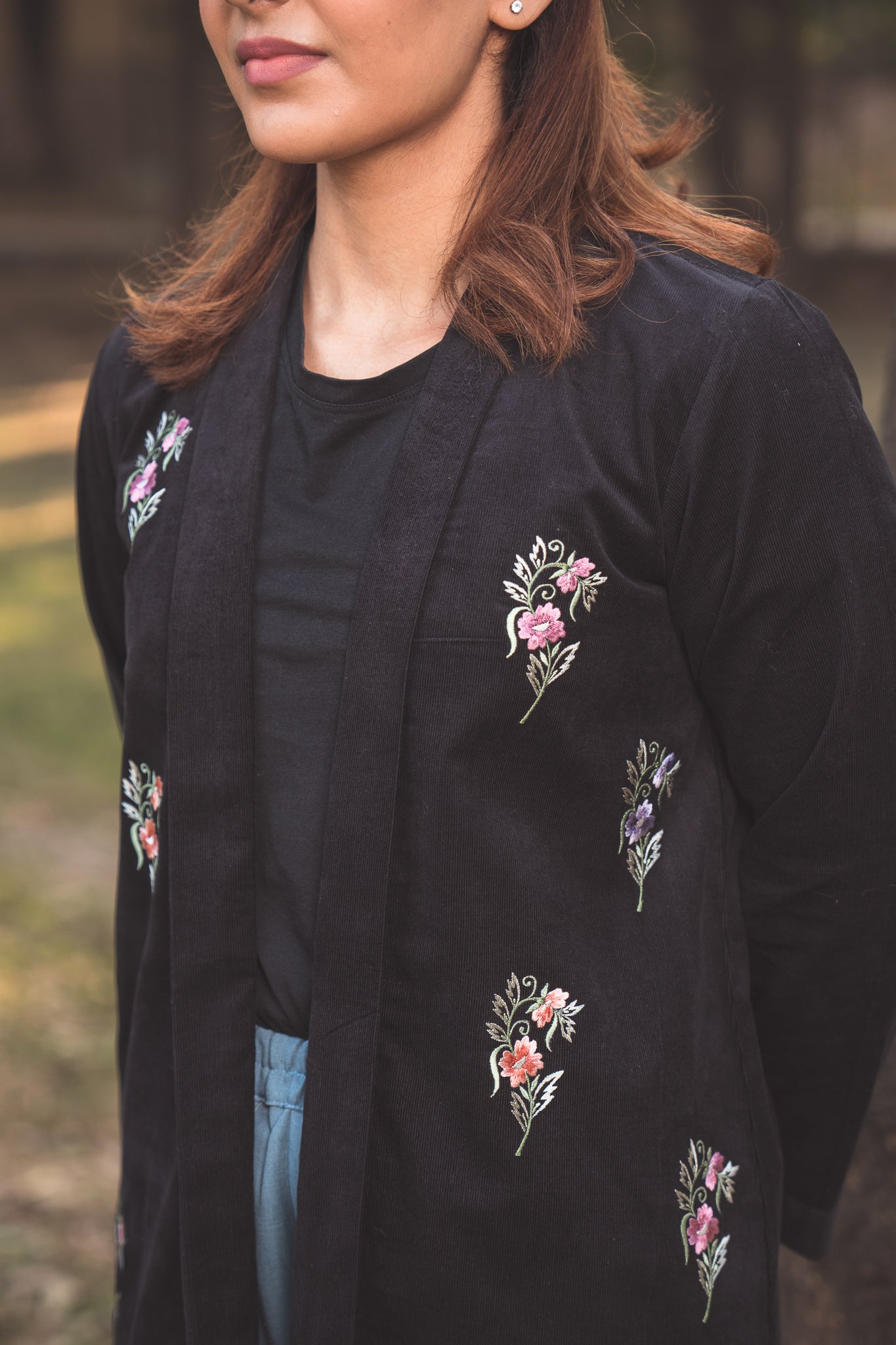 Black Embroidered Corduroy Jacket with Linen Pants