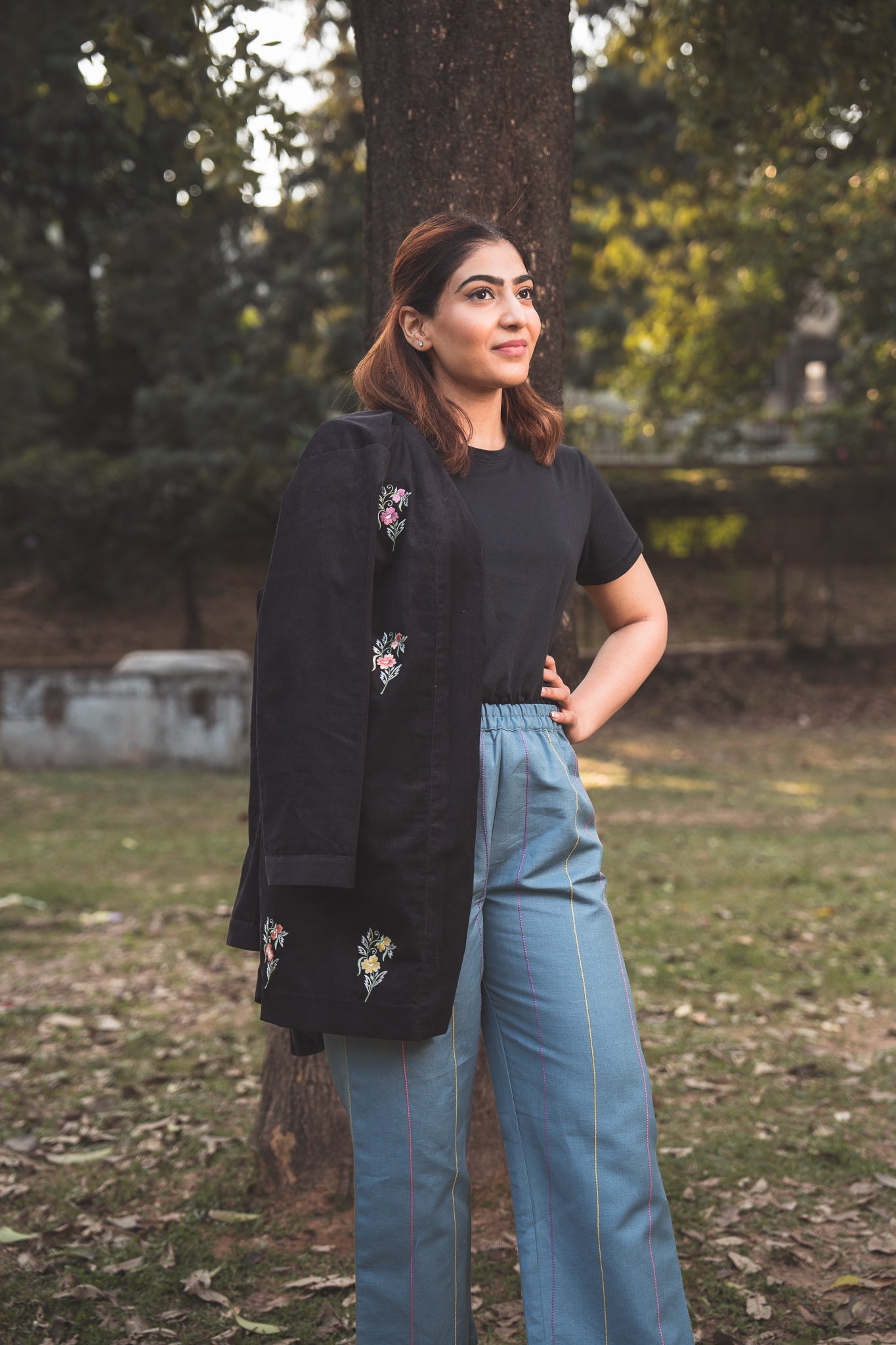 Black Embroidered Corduroy Jacket with Linen Pants