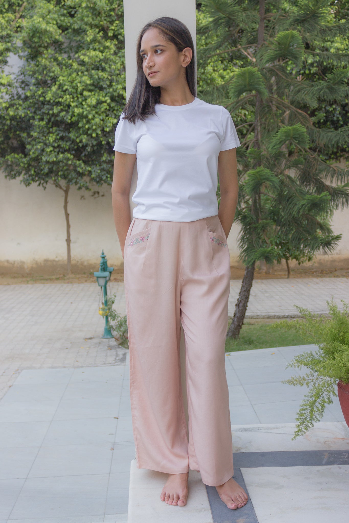 Embroidered Pants in Pale Peach